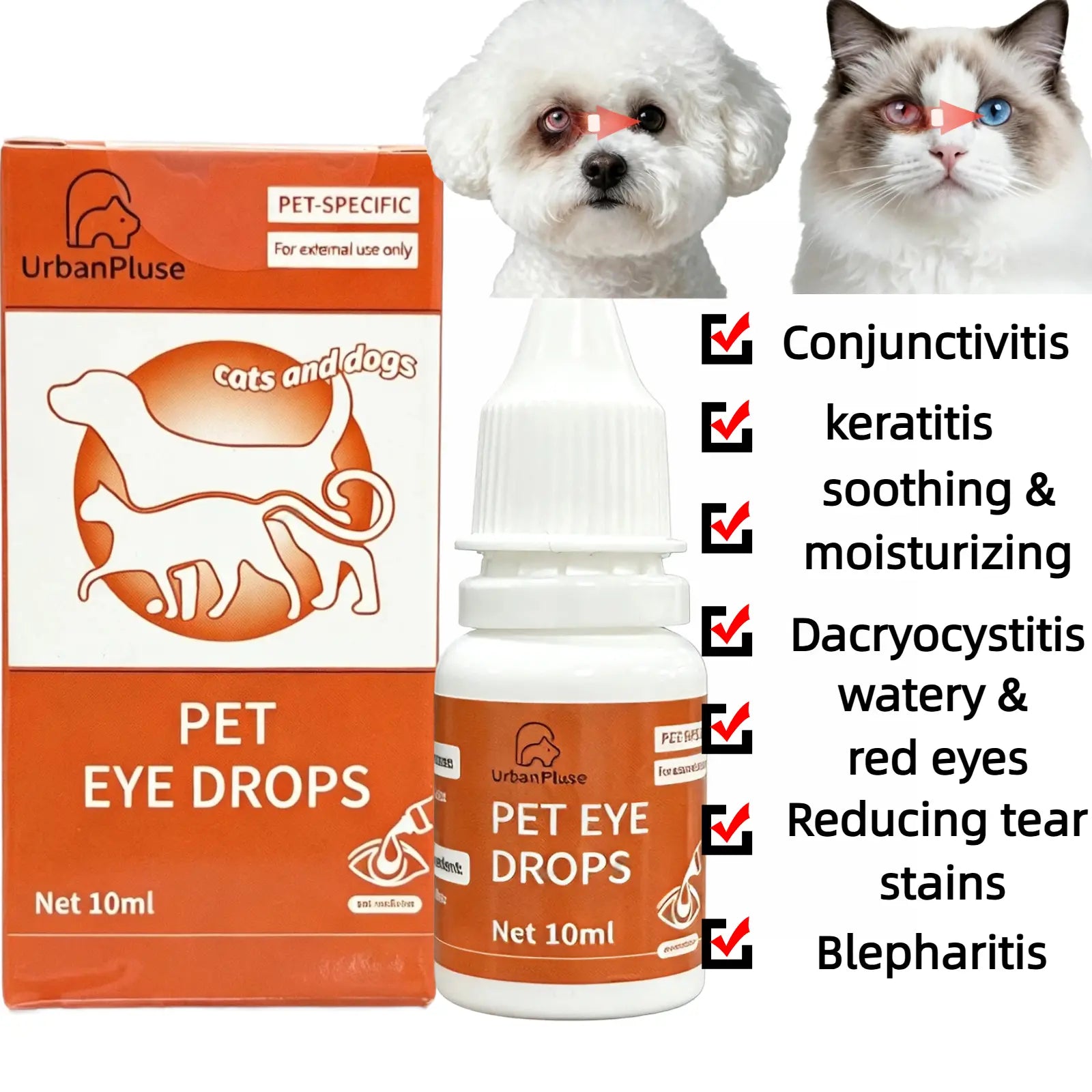 Urbanpluse Pet Eye Drops for Dogs & Cats 10ML Natural Formula Tear Stain Cleaner Soothes Itchy Dry Pink Eyes Safe for Cats and Dogs