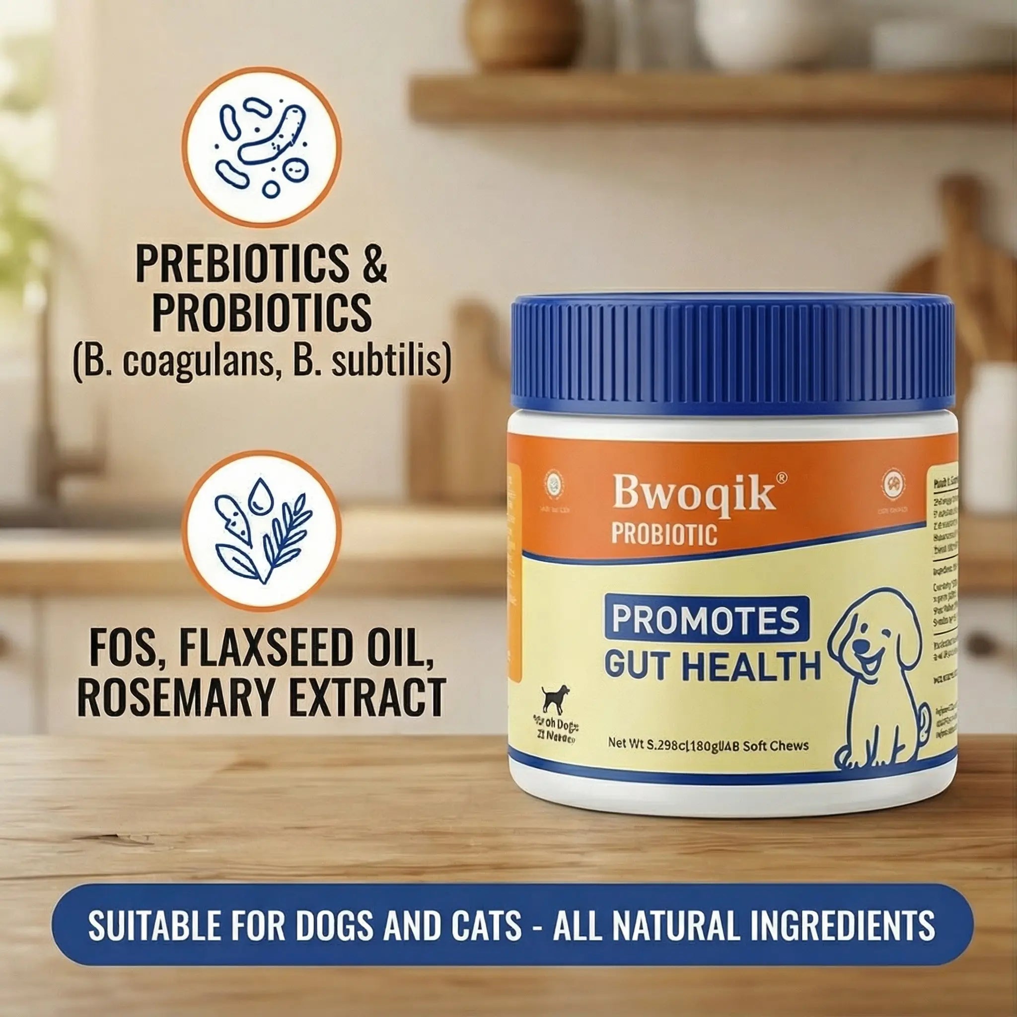 BWOQIK Pet Probiotics for Dogs & Cats - Omega Bite Supplement Supports Digestive Health Easy to Use for Healthy Gut