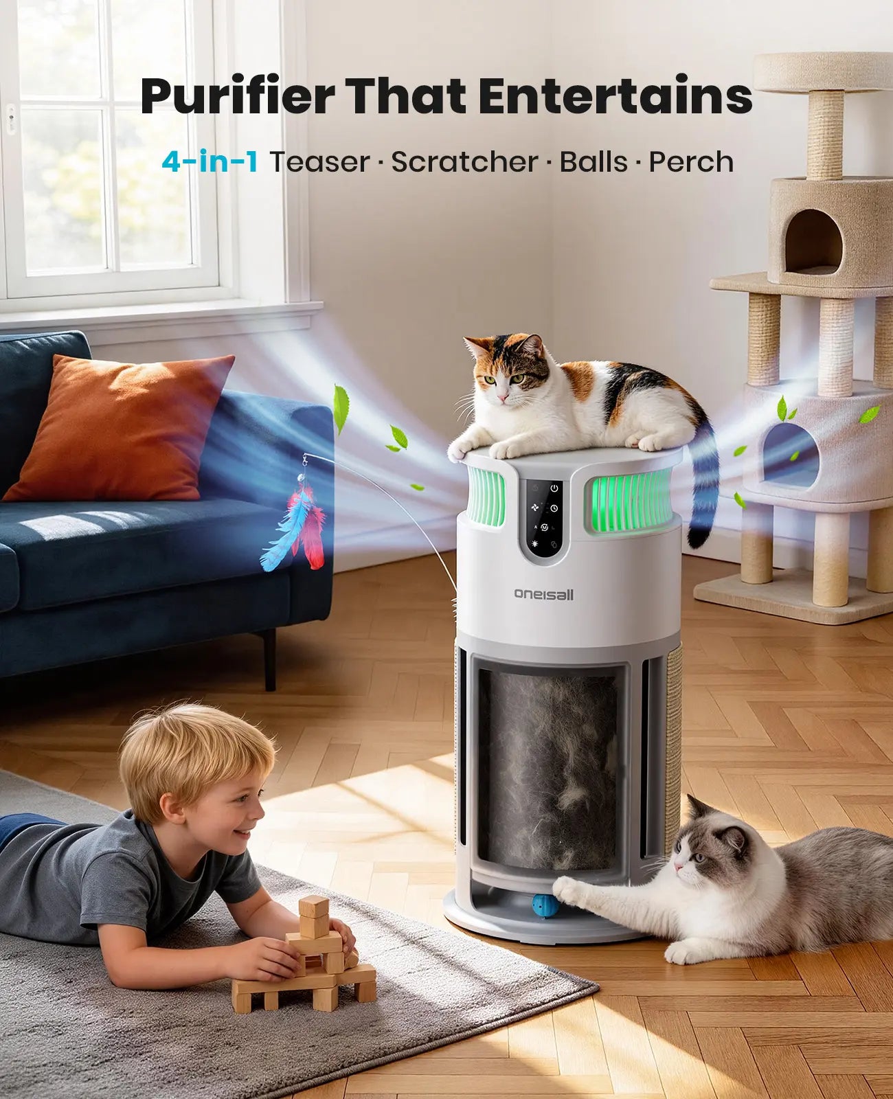 Transform Your Home with the Oneisall H13 HEPA Washable Filter Air Cleaner – Perfect for Pet Owners! 3000 Ft² Coverage, PM2.5 Display, 360° Airflow, and Built-in Cat Toy for Ultimate Comfort and Clean Air!